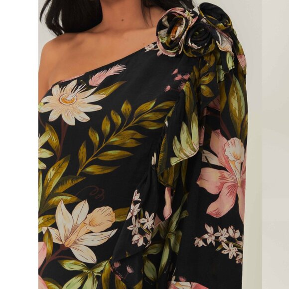 FARM RIO - Surreal Flowers One-Shoulder Crêpe de Chine Midi Dress - Black - XL - Picture 10 of 10